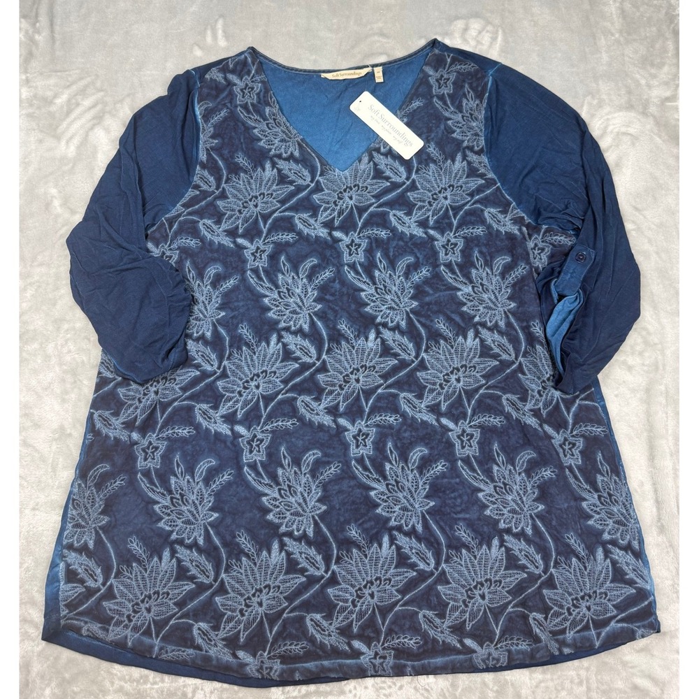 NWT Soft Surroundings Womens 1X Gweneth Indigo Blue Floral Embroidered Top